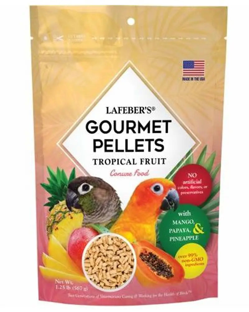 Vibrant tropical fruit conure pellets by Lafeber's, packed with real papaya, mango, and pineapple for a nutritious bird treat.