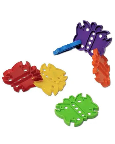Colorful plastic butterfly base for bird toys, featuring eight 1/4" holes, sized at 2-3/8" long and 3" wide for easy setup.