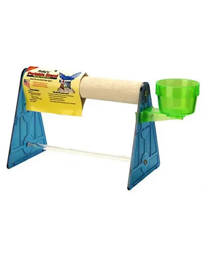Polly's large portable bird stand with a concrete perch, acrylic sides, and a lockable food bowl for medium parrots.