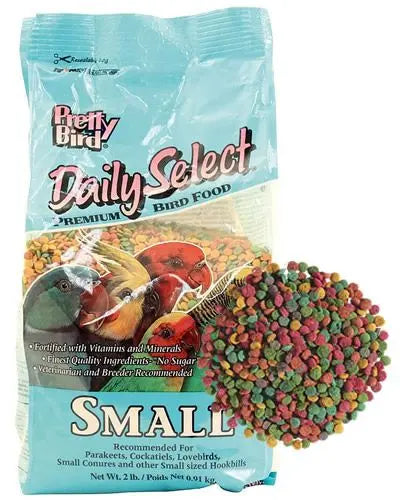 Vibrant 2lb bag of Pretty Bird Daily Select Small Bird food, bursting with colorful, fruit-shaped pellets for parakeets and cockatiels.