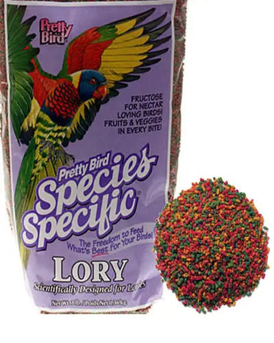 Vibrant 3lb bag of Pretty Bird Lory food, packed with fruity, mini morsels tailored for lories, offering a nutritious, mess-free diet.