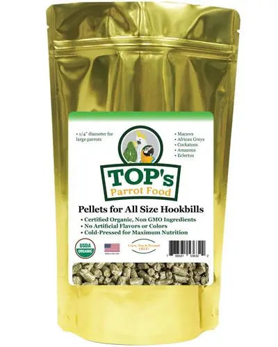 Vibrant 10lb bag of TOP's Parrot Pellets, organic and ideal for all parrot sizes, showcasing natural, cold-pressed nutrition.