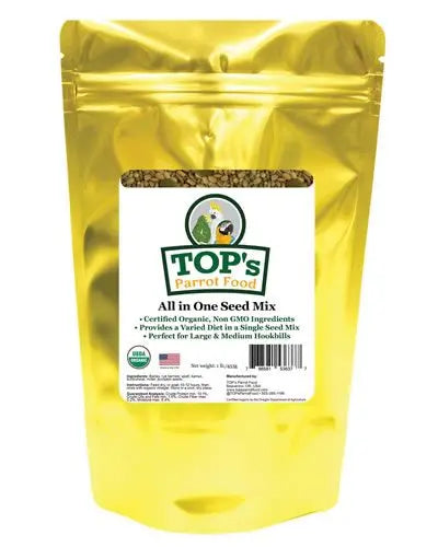 Vibrant mix of TOP's All-in-One Seed Mix for parrots, featuring a colorful blend of organic seeds and grains for larger birds.
