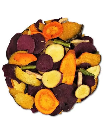 Crunchy veggie chips in a vibrant mix of dried sweet potatoes, carrots, beets, and green beans, bursting with color.
