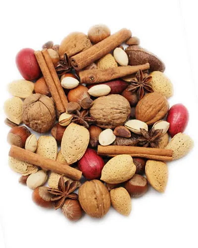 Vibrant mix of 10lb Patagonian Spice & Nut In Shell, featuring colorful in-shell nuts like pecans and almonds with aromatic cinnamon sticks and star anise.