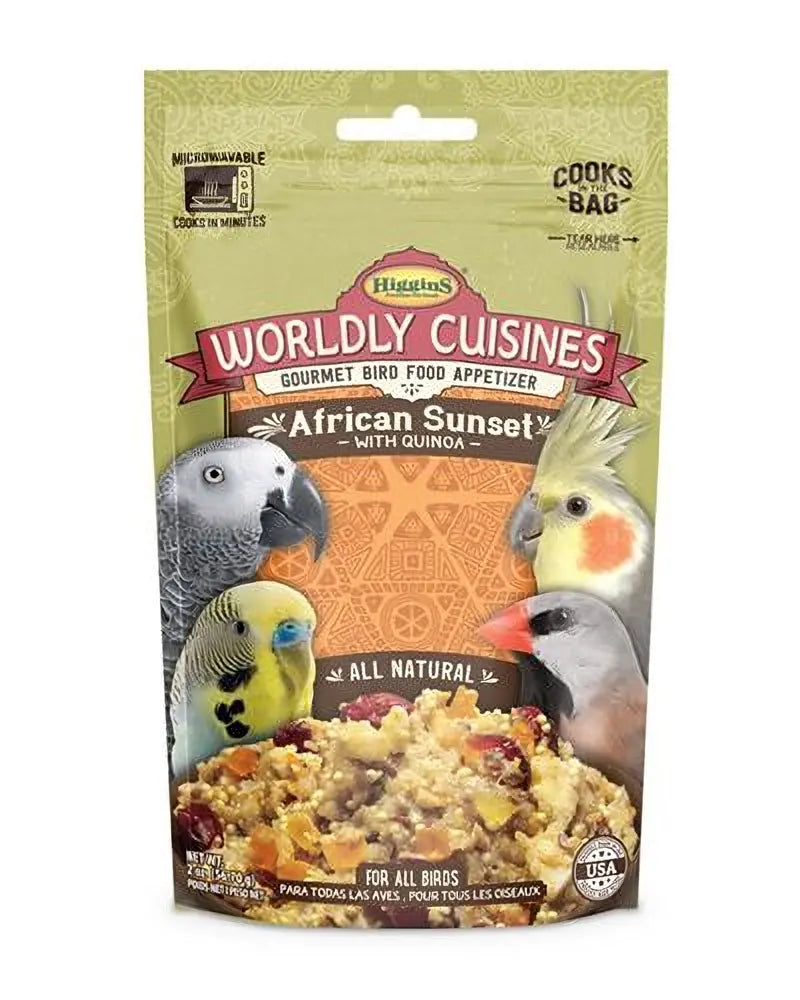 Vibrant bowl of Higgins Worldly Cuisines African Sunset bird food, packed with colorful quinoa, papaya, and cashews.