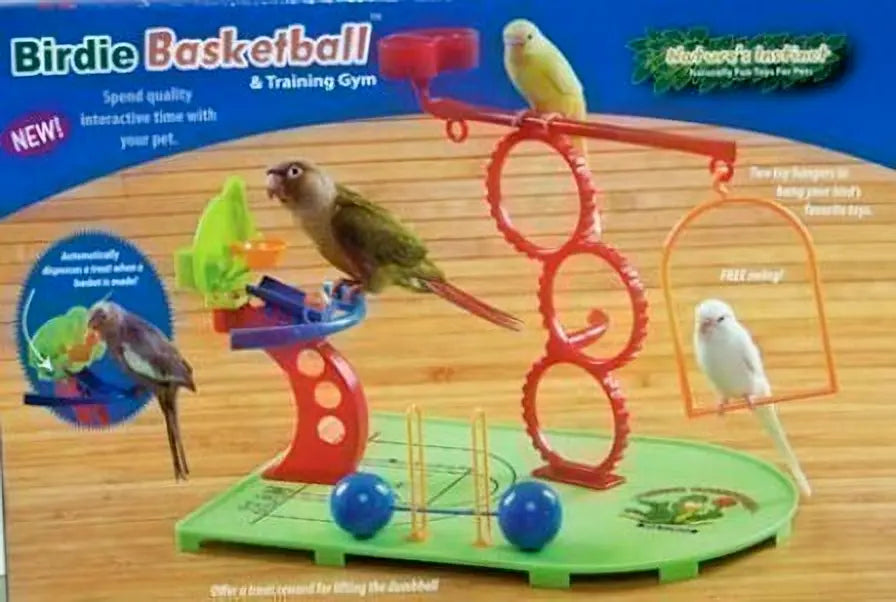 Vibrant Birdie Basketball Gym with a hoop, agility rings, and weights for small to medium birds to play and exercise.