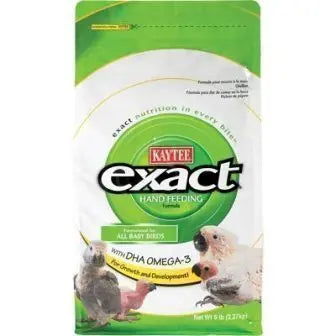 Close-up of Kaytee Exact Hand Feeding Formula, a 7.5oz nutrient-rich blend for baby birds, in a vibrant, easy-to-use package.