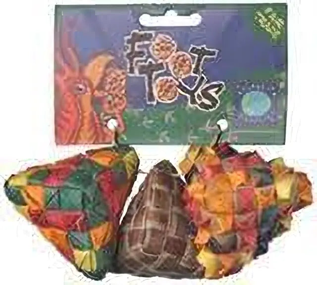 Three diamond-shaped woven foot toys in natural hues, packed with shreddable fun, perfect for medium-sized birds.