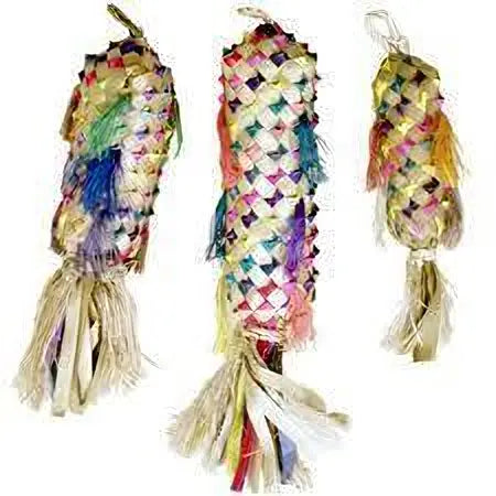 Vibrant XL Spiked Pinata by Planet Pleasures, a 19-inch chewable bird toy with a colorful, woven palm leaf exterior.