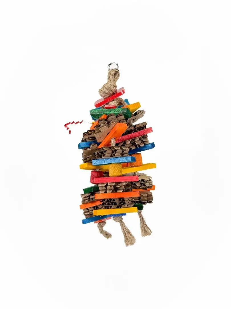 Colorful Rolly - Zoo Max bird toy with pine wood pieces and cardboard, perfect for small parrots to chew and shred.