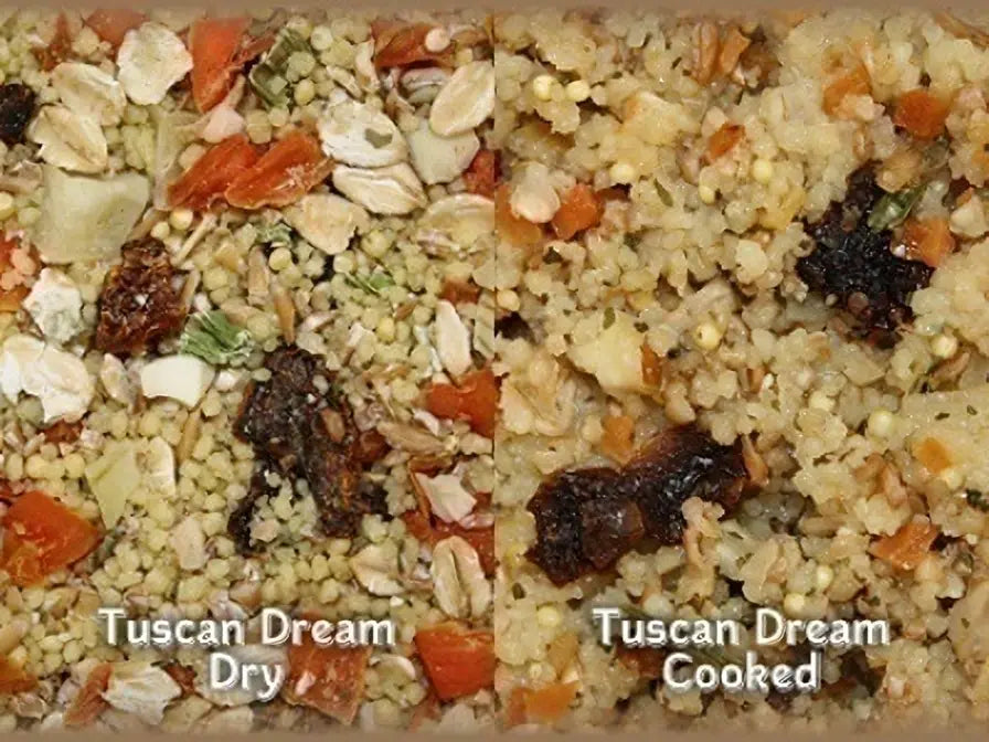 Savor the vibrant mix of Higgins Worldly Cuisines Tuscan Dream bird food, featuring colorful tomatoes, carrots, and spinach in a savory broth.