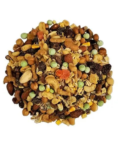 Vibrant mix of Bonita Buffet bird food with colorful fruits, nuts, and seeds like mango, cashews, and cranberries in a 10lb pack.