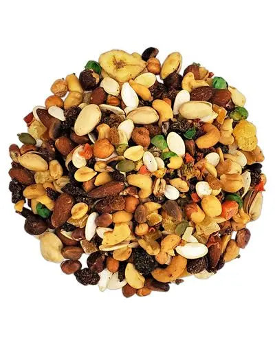 Vibrant mix of Caribbean Buffet blend with colorful fruits, nuts, and bee pollen, showcasing a tropical feast of flavors.