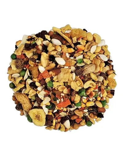 Vibrant mix of 10lb Fruit & Nut Deluxe bird food with colorful fruits, nuts, and seeds for a nutritious bird feast.