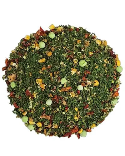 Vibrant mix of freeze-dried spinach, peas, herbs, and colorful peppers in Garden Buffet I, a nutritious 1/2 lb blend.