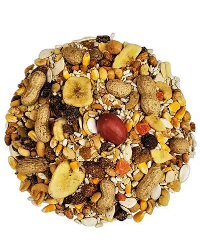 Vibrant mix of Happy Beaks Original 10lb blend, showcasing colorful nuts, seeds, and dried fruits like banana and cranberry.