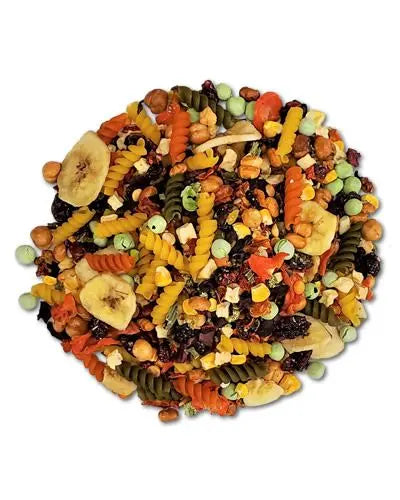 Vibrant mix of 10lb Pasta Salad Buffet bird food with colorful pasta, dried fruits, and veggies in a hearty blend.