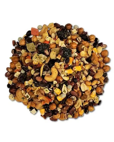 Vibrant mix of 10lb Primo Bean blend with colorful beans, nuts, fruits, and veggies for a nutritious bird food feast.