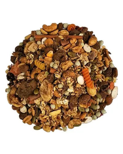 Vibrant mix of Southern Caribbean Buffet blend with colorful nuts, fruits, and veggies like almonds, papaya, and beets.