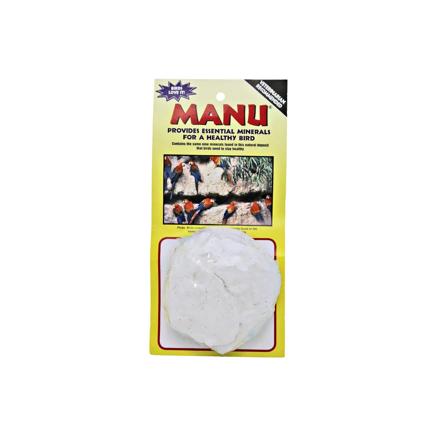 White Manu Mineral Block hanging in a cage, offering essential minerals for birds with a secure metal wing nut attachment.