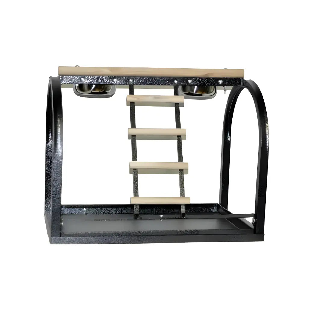 Vibrant J11 Portable Tabletop Play Stand with stainless steel dishes, wooden perch, and ladder, perfect for small to medium birds.