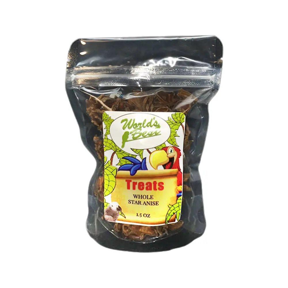 Vibrant whole star anise in a 1.5oz pack, showcasing rich brown, star-shaped pods perfect for birds from World's Best Treats.