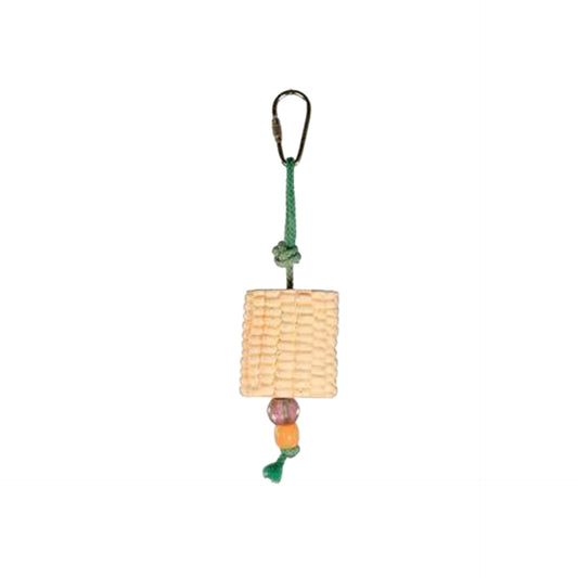 Bright yellow corn cob-shaped bird toy with colorful plastic beads, designed to encourage healthy chewing for small birds.