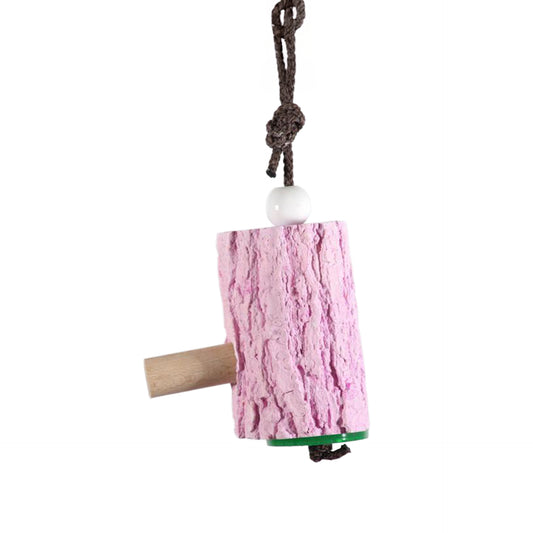 Colorful Polly's Tap-a-Tree mineral block with a small perch, designed for small to medium birds to chew and play.