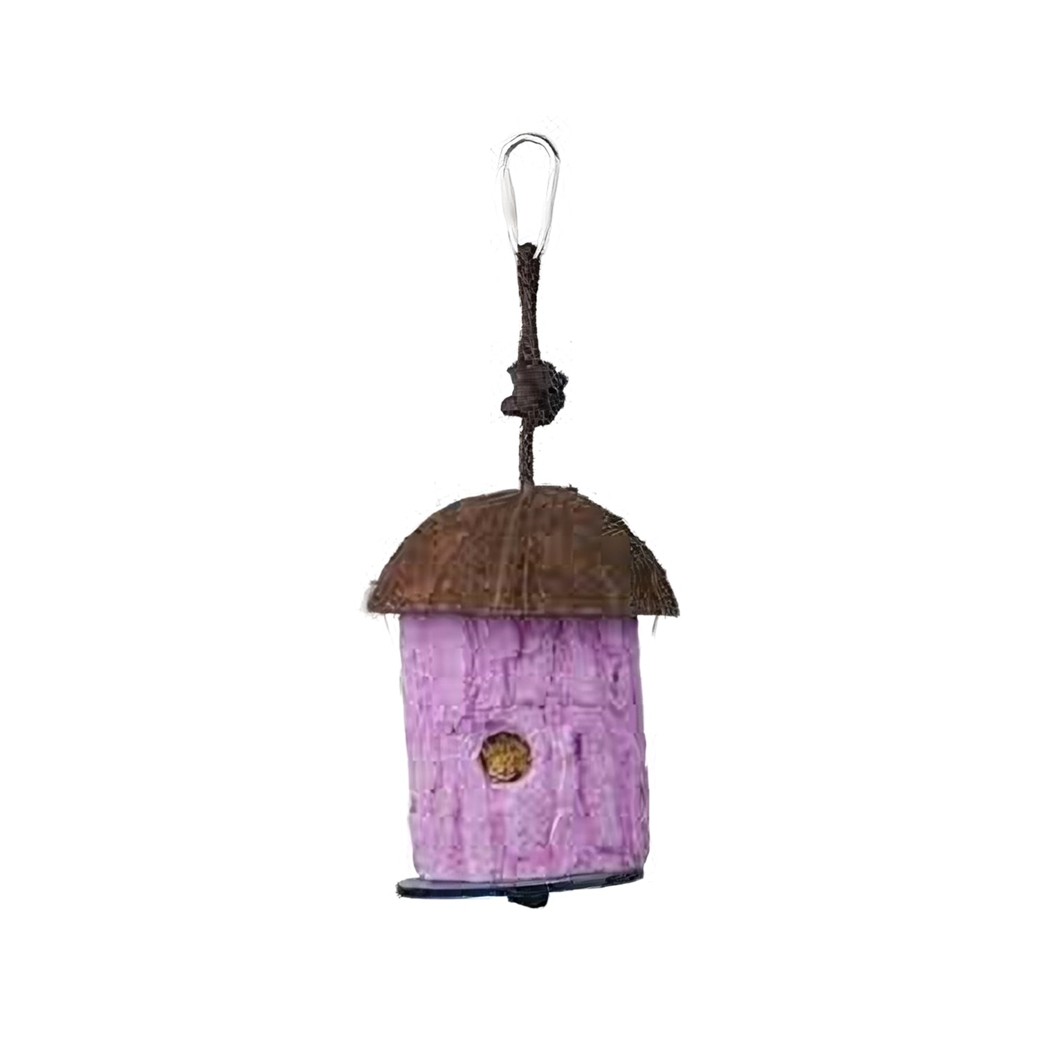 Vibrant Polly's Large Forager toy with a hollow, edible cornmeal log stuffed with millet, topped with a coconut lid for birds.