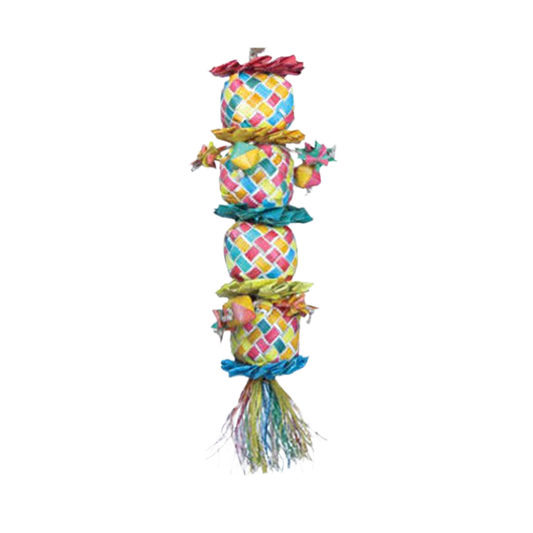 Colorful Sm Flower Tower toy with stacked mini pinata blocks and shreddable palm leaf flowers, perfect for small birds.