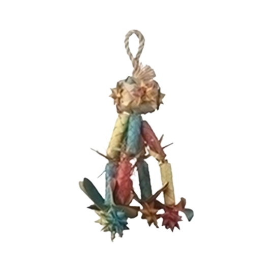 Vibrant Sm Firecracker-Planet Pleasures bird toy with a woven square top and dangling, chewable strands for playful fun.