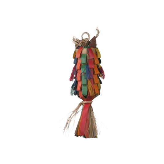 Vibrant Sm Straight Rainbow Pinata by Planet Pleasures, featuring colorful, woven palm leaves and a sisal rope loop for hanging, perfect for small birds to chew and shred.