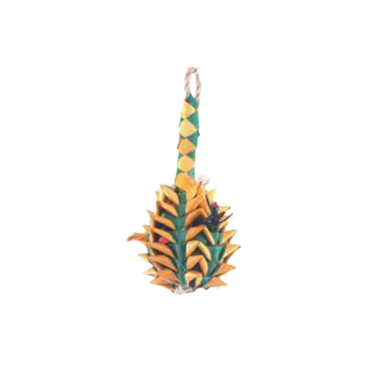Vibrant pineapple-shaped foraging toy for parrots, crafted from woven palm and sisal with protruding strands for preening.