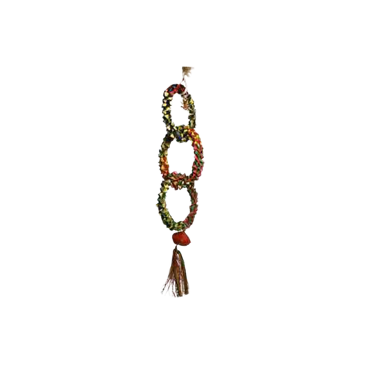 Colorful bird swing with interlocking natural fiber rings, woven for a crunchy texture, perfect for small to medium birds.
