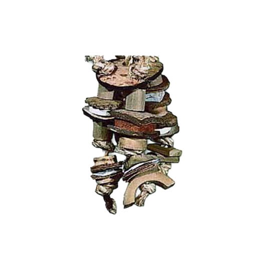 Vibrant toy for small birds featuring natural textures like coconut husks, sisal rope, bamboo, and oyster shells.