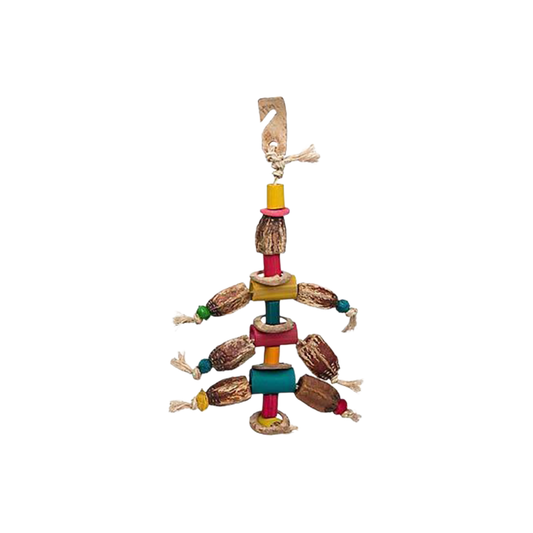 Vibrant bird toy with colorful bamboo, coconut husks, and sisal, designed for swinging, chewing, and foraging fun.