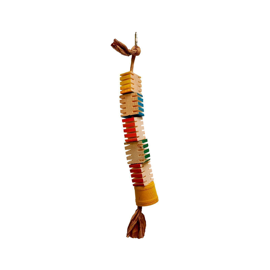 Colorful wooden blocks and twisted paper rope form the Groovy Bambou-Zoo Max, a fun chew toy for small birds.