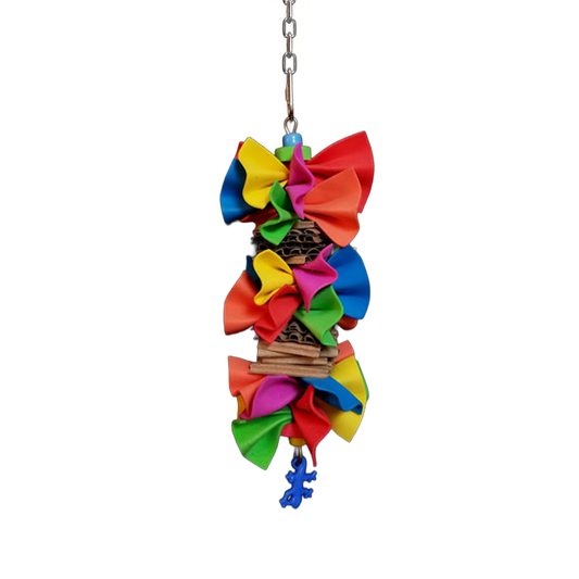 Colorful Ruffles & Things bird toy with textured foam, cardboard layers, and a playful plastic animal at the base.