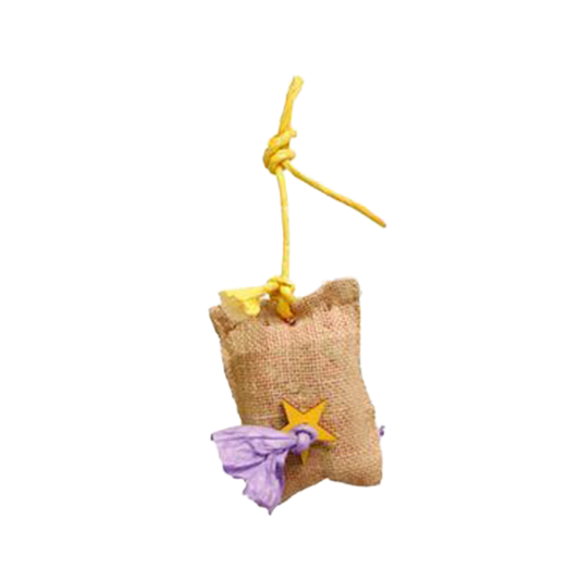 Colorful burlap bag toy stuffed with crinkled paper, perfect for small birds to forage and explore, measuring 10" by 4.5".