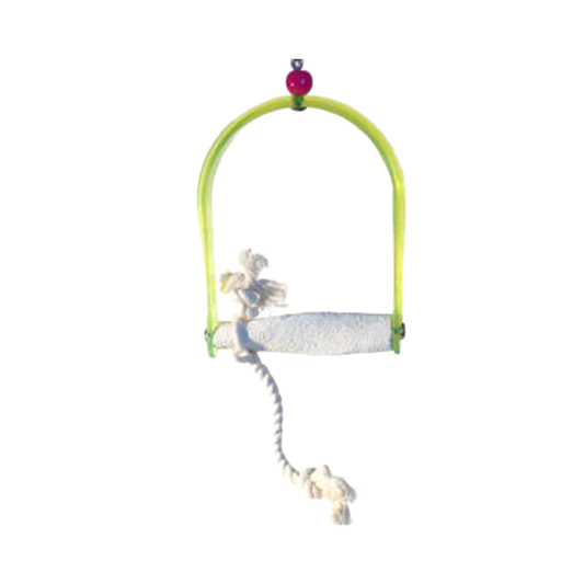 Colorful Twist-N-Arch Swing by Polly's Pet Products, a uniquely shaped bird perch with a climbing rope and sanded surface.