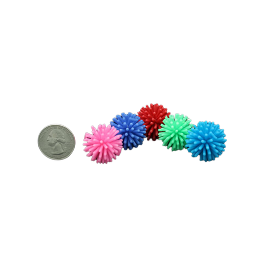 Colorful pack of 5 small koosh balls, each about 1 inch wide, with a soft, squishy texture perfect for pet birds to play with.