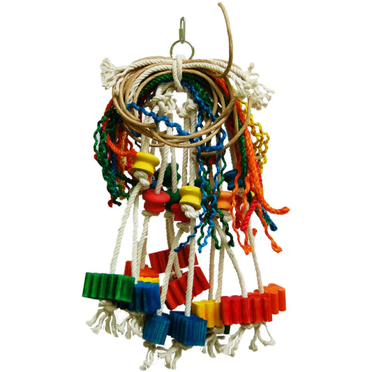 Vibrant Toopet Large - Zoo Max bird toy with colorful cotton and sisal ropes, paper strips, and playful wooden pieces.