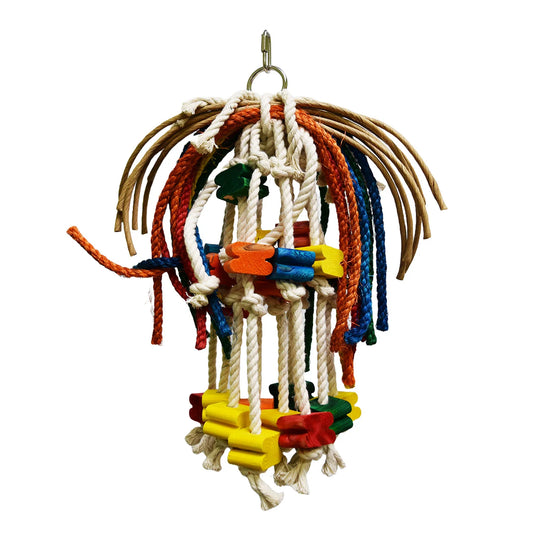Vibrant Toopet Medium - Zoo Max bird toy with colorful cotton and sisal ropes, paper strips, and playful wooden pieces.