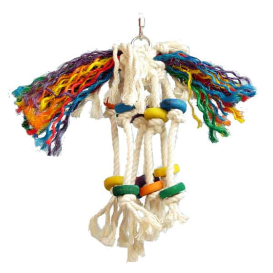 Colorful Toopet Small - Zoo Max bird toy with vibrant cotton and sisal ropes, paper strips, and playful wooden pieces.
