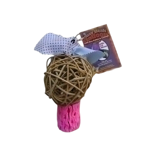 Colorful Polly's Busy Beak Balloon toy for small birds, featuring a woven vine balloon, bee pollen, calcium block, and shreddable cotton fabric.