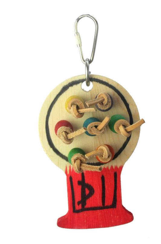 Vibrant Happy Beaks small gumball machine bird toy with colorful wood beads and leather knots for engaging play.