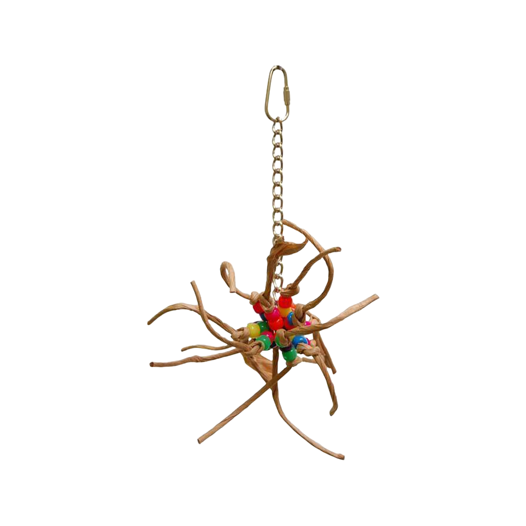 Vibrant Pelota-Zoo Max bird toy with colorful plastic and wooden beads, paper rope, and a hanging chain for small birds.
