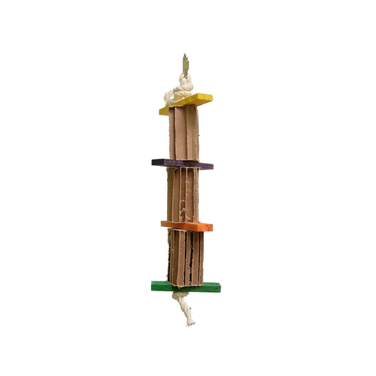 Vibrant Sm Shred X Leather-Zoo Max toy for small birds, featuring accordion-style paper boxes and wood slats on a leather rope.