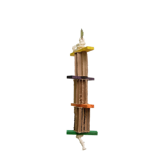 Vibrant Sm Shred X-Zoo Max toy for small birds, featuring colorful paper boxes and wood slats on a cotton rope.